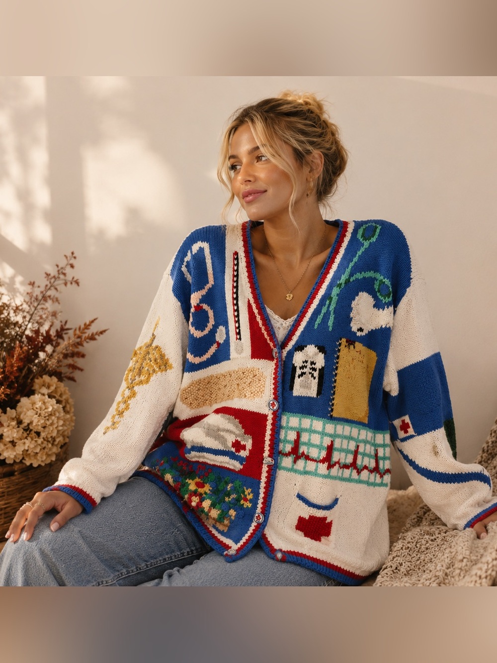 THE EAGLES EYE 1994 Nurse Teddy Bear Hand Knit Cardigan Womens M Novelty RARE